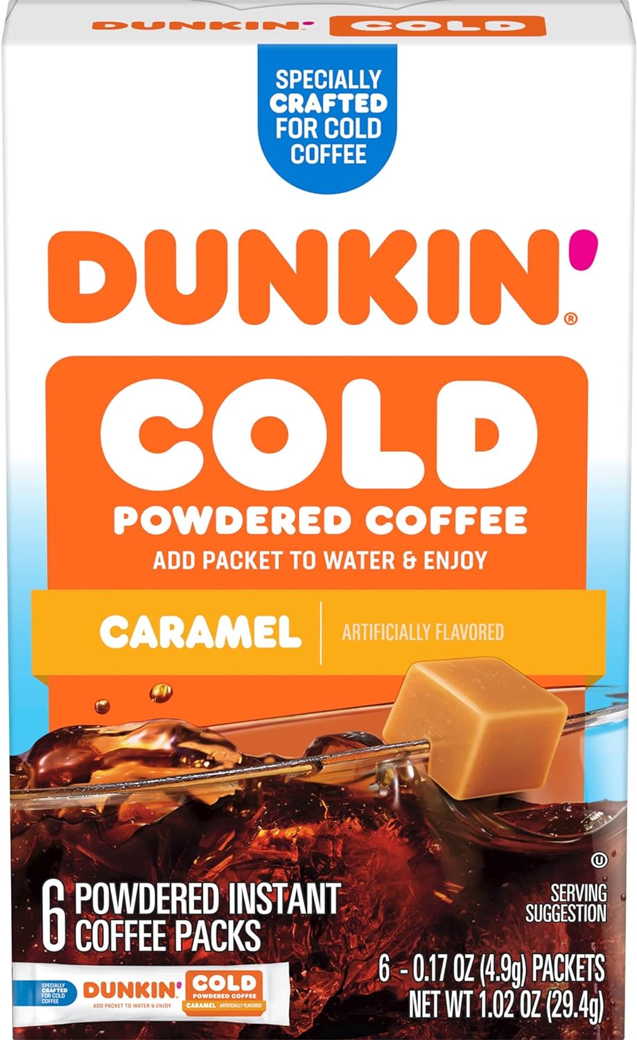 Dunkin' Cold Caramel Flavored Powdered Single Serve Instant Coffee Packs, 6 Count (Pack of 12)