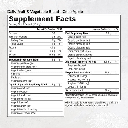 Equilife Daily Fruit & Vegetable Blend, Superfood Antioxidant Supplement, Crisp Apple Flavor With Vitamin C, Fiber, And 9 Essential Amino Acids, Supports Energy, Low Sugar, Vegan, 30 Servings