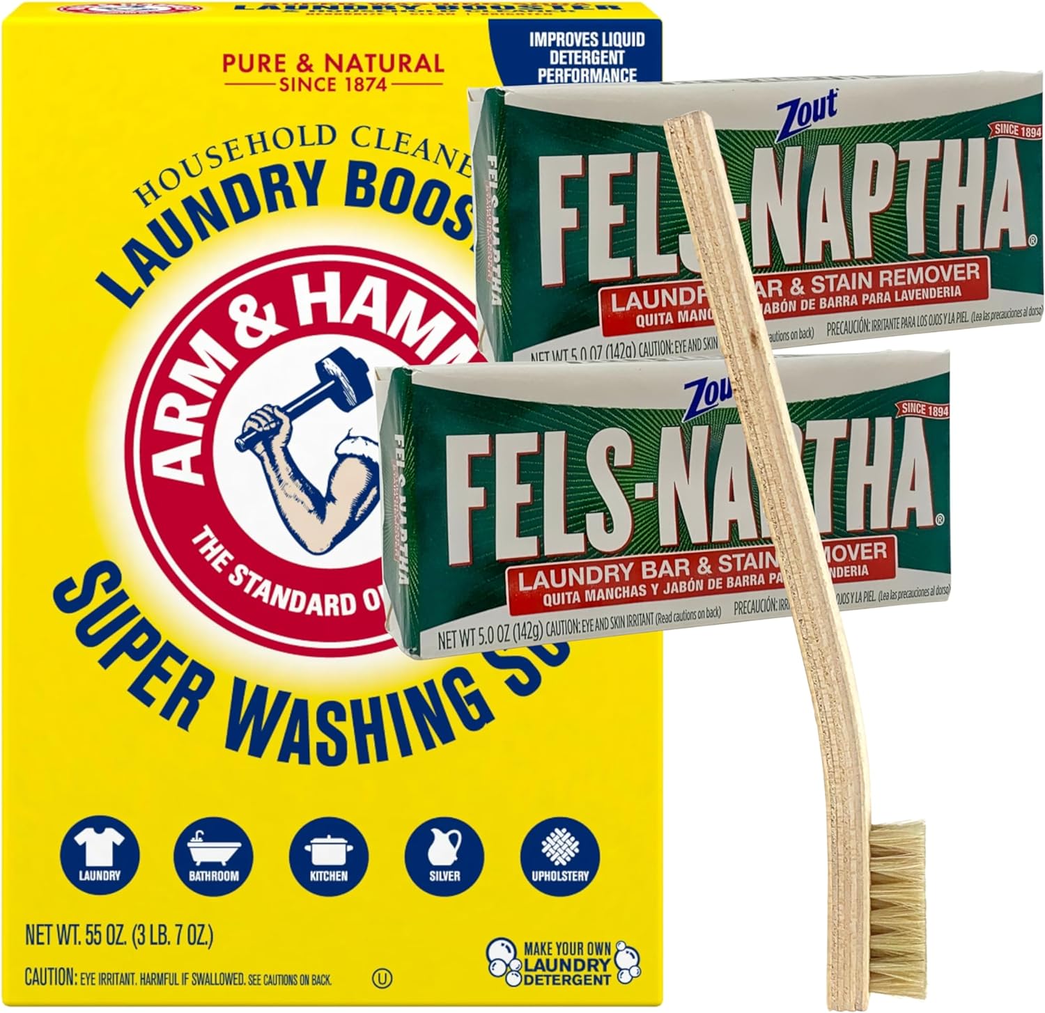 Laundry Bundle with Arm & Hammer Super Washing Soda 55 oz Fels Naptha Laundry Bar and Stain Remover Concentrated 2 pack 5.0 oz and ShopexZone Laundry Stain Remover Brush with Horsehair Soft Bristles