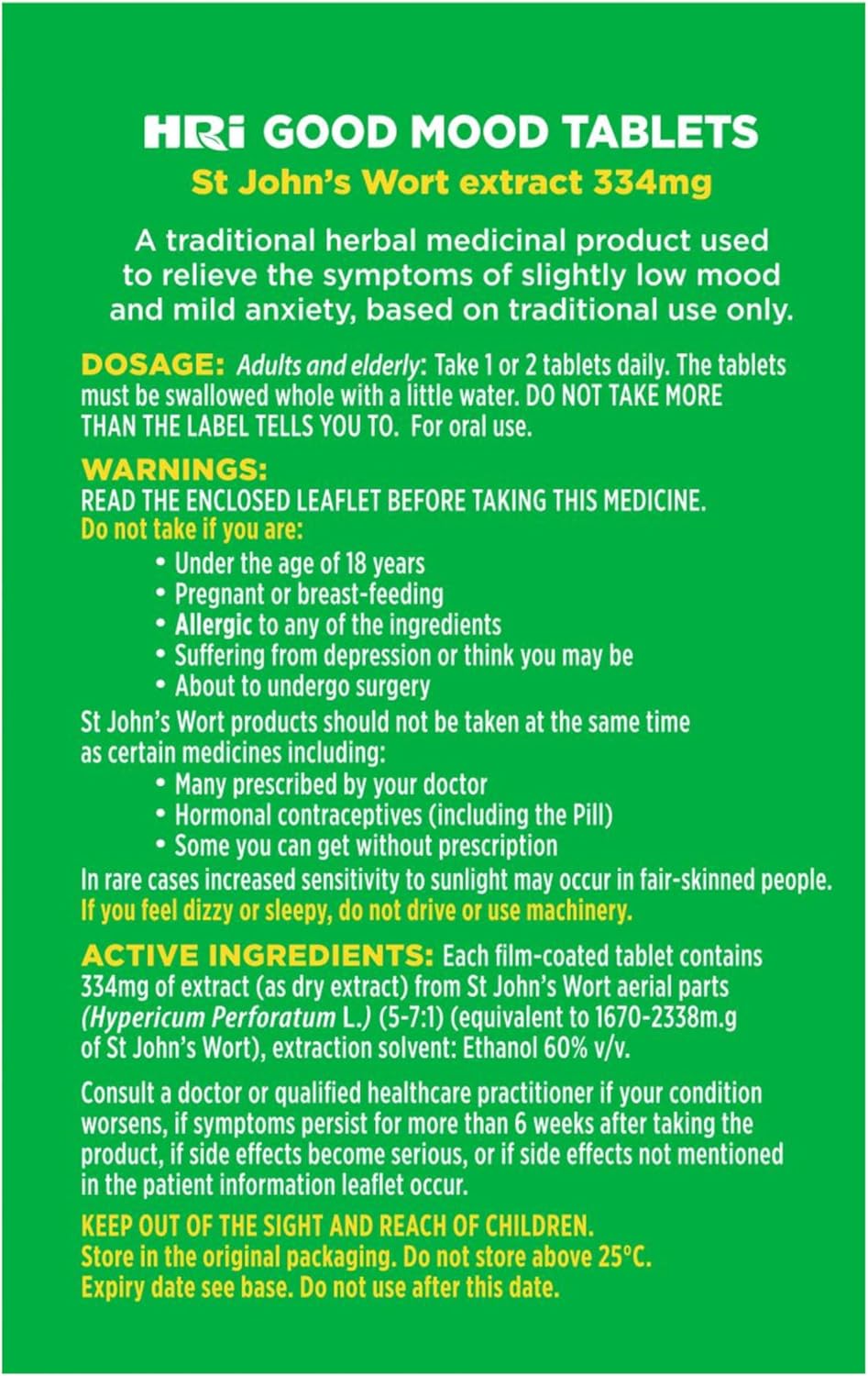 HRI Good Mood 60 Tablets - to Relieve The Symptoms of Slightly Low Mood and Mild Anxiety - 334 mg of St John's Wort Extract, Equivalent to 1670mg – 2338mg of St John’s Wort. 1 Pack : Amazon.co.uk: Health & Personal Care