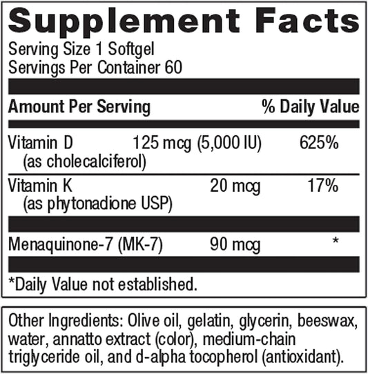 Metagenics Vitamin D3 + K - For Immune Support, Bone Health & Heart Health* - Vitamin D With Mk-7 (Vitamin K2) - Non-Gmo - Gluten-Free - 60 Softgels - 5,000 Iu