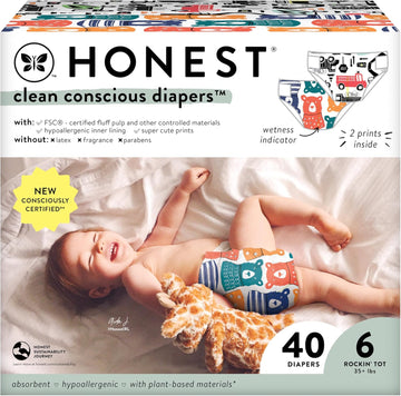The Honest Company Clean Conscious Diapers | Plant-Based, Sustainable | Beary Cool + Big Trucks | Club Box, Size 6 (35+ Lbs), 40 Count