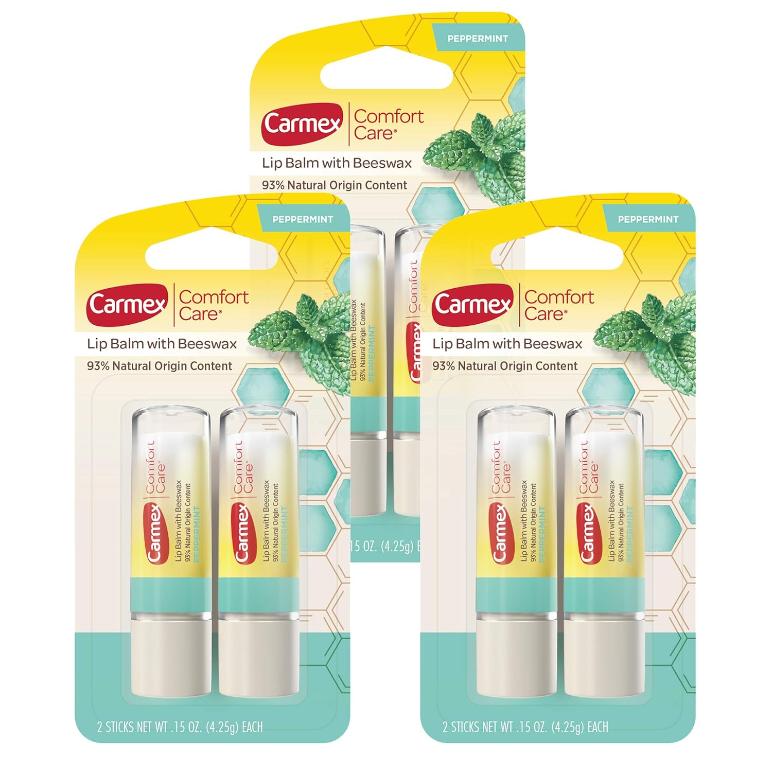 Carmex Comfort Care Lip Balm Sticks With Beeswax, Peppermint Lip Balm Flavor, 6 Count (3 Packs Of 2)