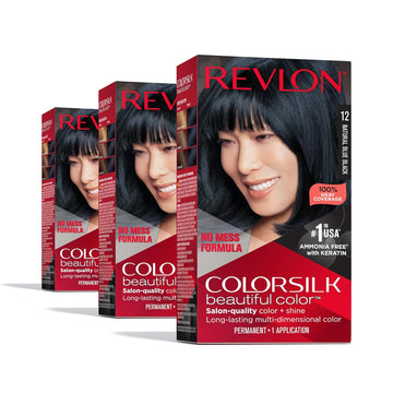 Revlon Permanent Hair Color, Permanent Black Hair Dye, Colorsilk With 100% Gray Coverage, Ammonia-Free, Keratin And Amino Acids, Black Shades (Pack Of 3)