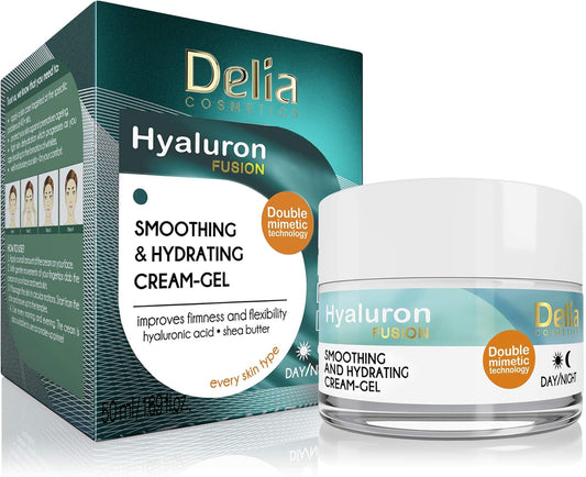Delia Cosmetics - Hyaluron Fusion - Day & Night Cream Gel - Smoothing & Hydrating - Elasticity, Firmness Improvement - Fro Dry & Sensitive Skin - Active Ingredients - 50Ml