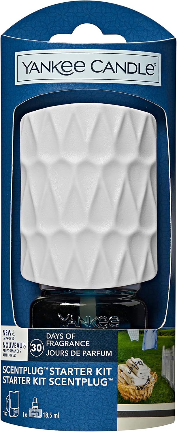 Yankee Candle Scentplug Starter Kit | Clean Cotton Plug In Air Freshener | Up To 30 Days Of Fragrance | White Organic Pattern | Uk 3 Pin Plug