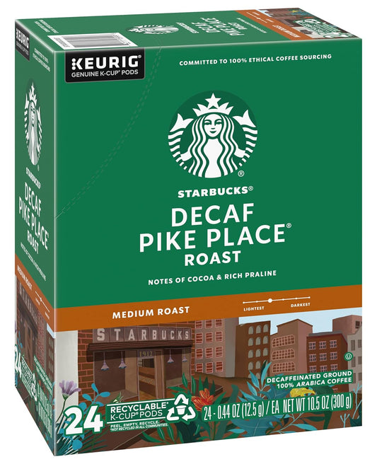 Starbucks Coffee K-Cup Pods, Decaf Pike Place Roast, Medium Roast Decaffeinated Coffee, Keurig Genuine K-Cup Pods, 24 CT K-Cups Per Box (Pack of 1 Box)