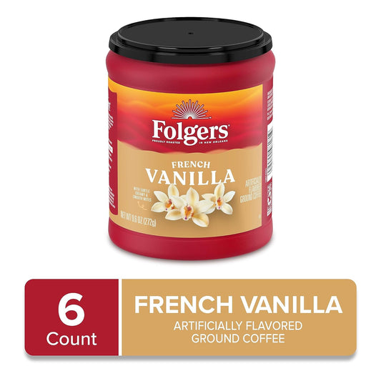 Folgers French Vanilla Flavored Ground Coffee, 9.6 Ounce Canister (Pack of 6)