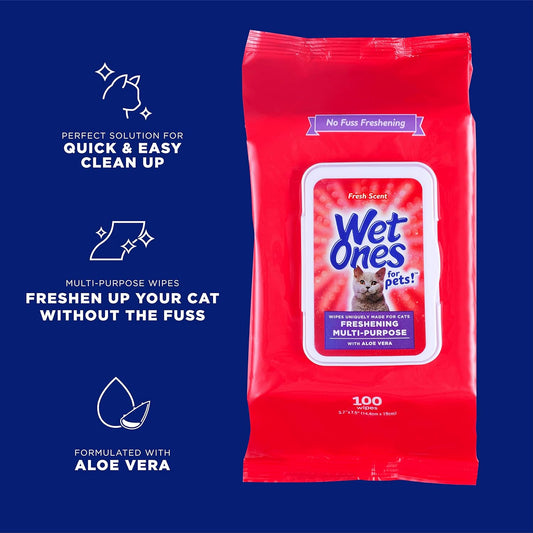 Wet Ones for Pets Freshening Multipurpose Wipes for Cats with Aloe Vera | Easy to Use Cat Cleaning Wipes, Freshening Cat Grooming Wipes for Pet Grooming in Fresh Scent| 100 ct Pouch Cat Wipes