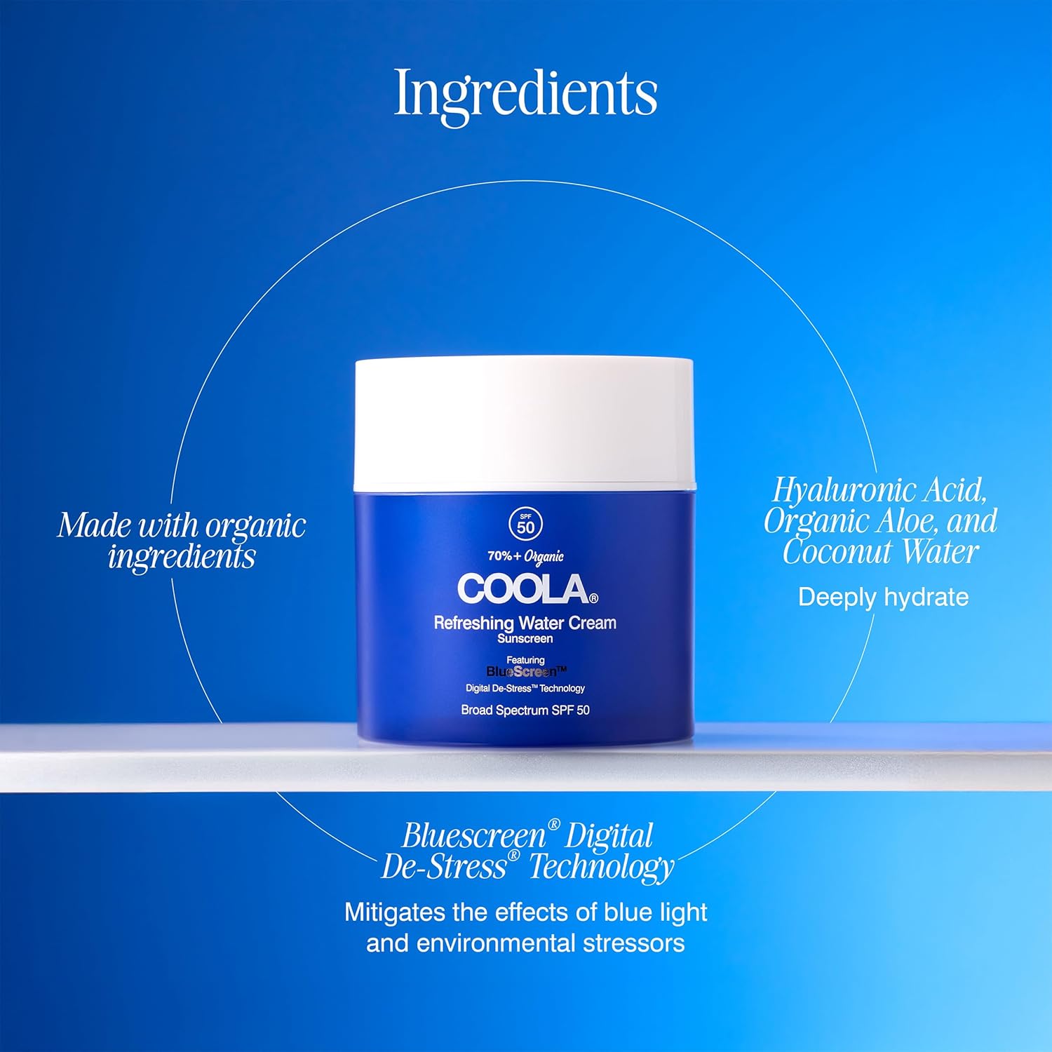 Coola Organic Refreshing Water Cream Face Moisturizer With Spf 50, Dermatologist Tested Face Sunscreen With Plant-Derived Bluescreen Digital De-Stress Technology, 1.5 Fl Oz : Beauty & Personal Care