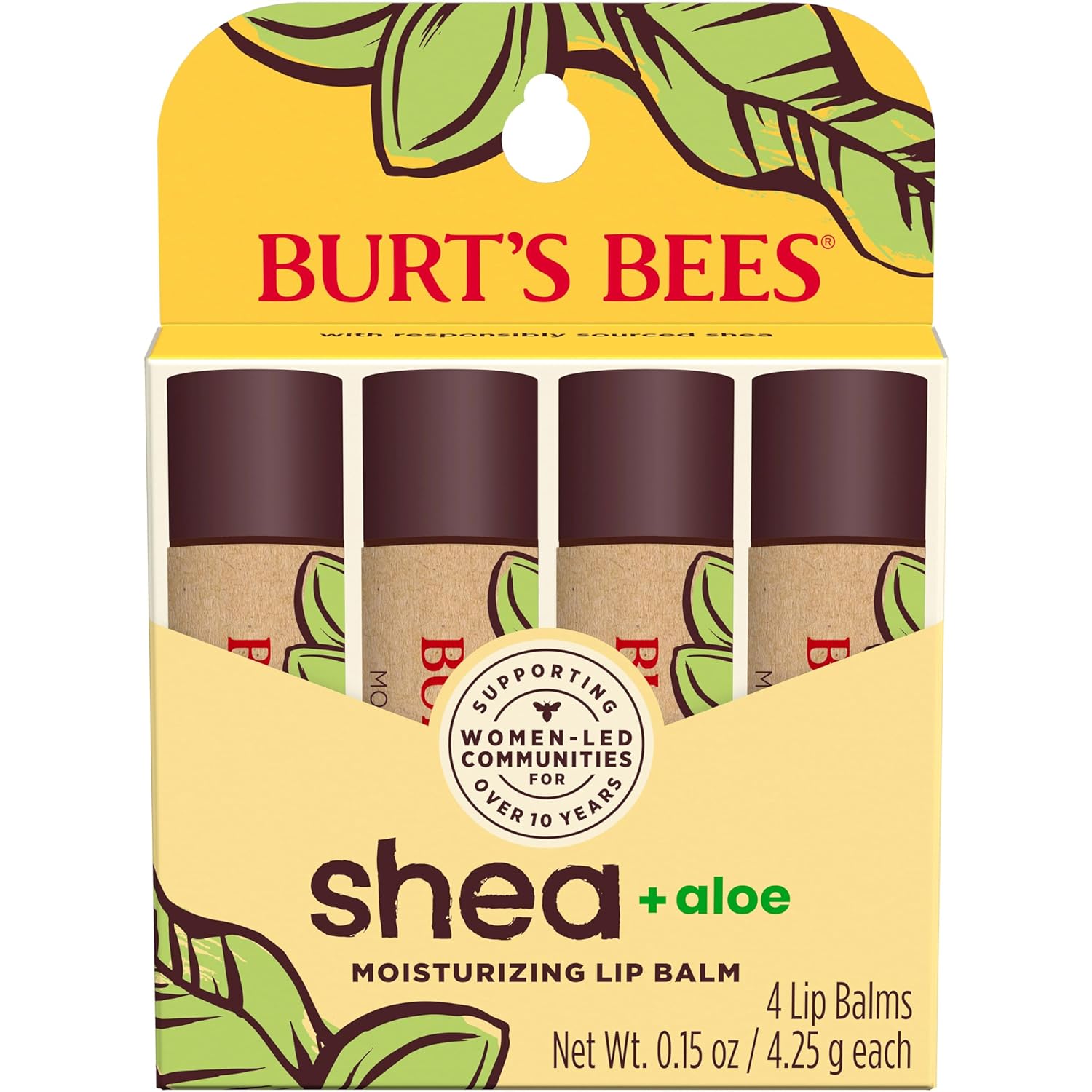 Burt's Bees Lip Balm Mothers Day Gifts for Mom - Shea and Aloe Lip Moisturizer With Responsibly Sourced Beeswax, Tint-Free, Natural Origin Conditioning Lip Treatment, 4 Tubes, 0.15 oz