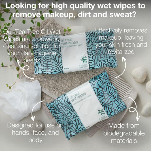 Tea Tree Oil Wet Wipes – 216 Wipes (6 Packs) | Cleanser For Sweat, Dirt & Makeup | Refreshing, Moisturizing & Cooling | On-The-Go Hygiene | Biodegradable