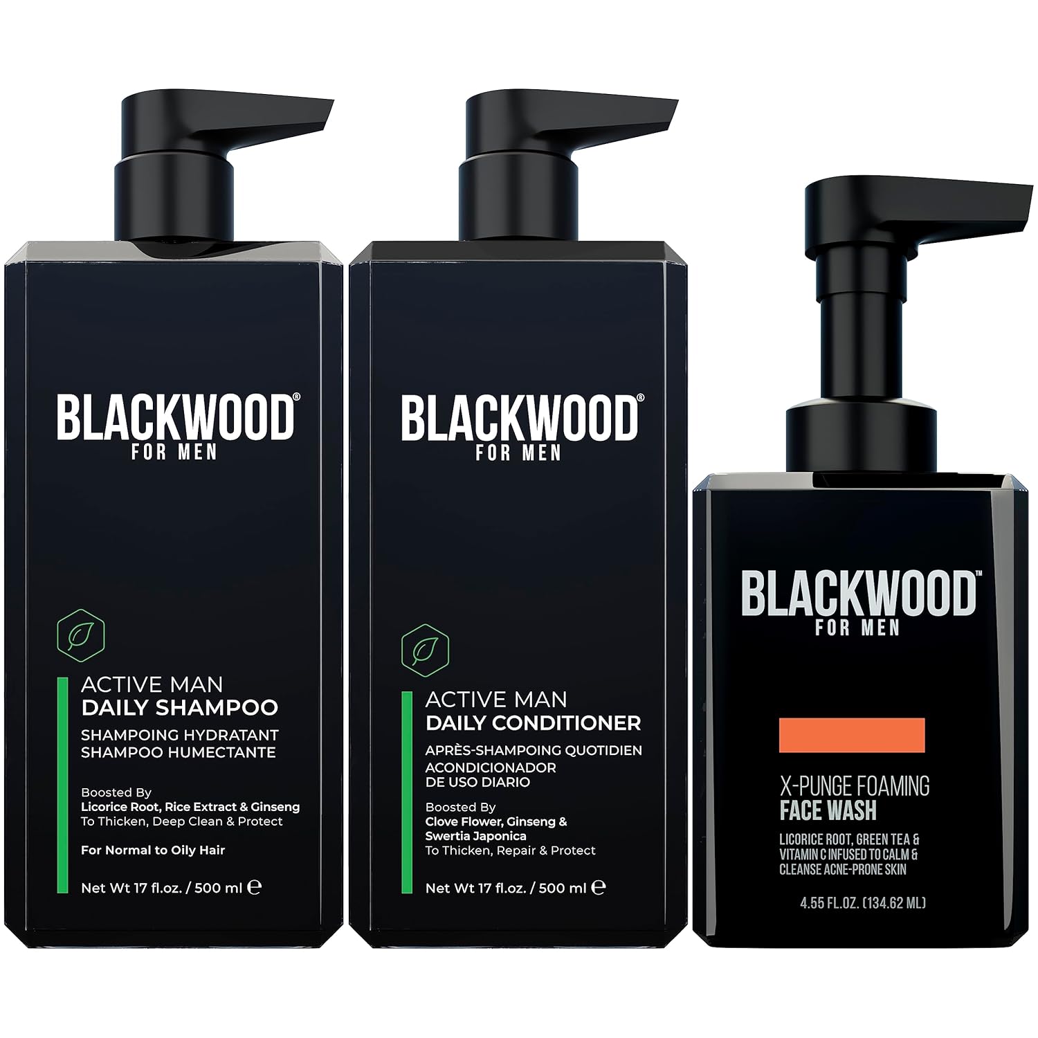 Blackwood For Men - Active Man Daily Conditioner (17 Oz), Thickening Shampoo (17 Oz), & X-Punge Foaming Face Wash (4.55 Oz) - Vegan, Natural Hair Care To Combat Hair Loss & Dandruff. Sulfate-Free, Par