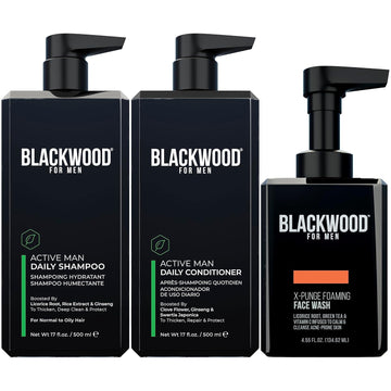 Blackwood For Men - Active Man Daily Conditioner (17 Oz), Thickening Shampoo (17 Oz), & X-Punge Foaming Face Wash (4.55 Oz) - Vegan, Natural Hair Care To Combat Hair Loss & Dandruff. Sulfate-Free, Par