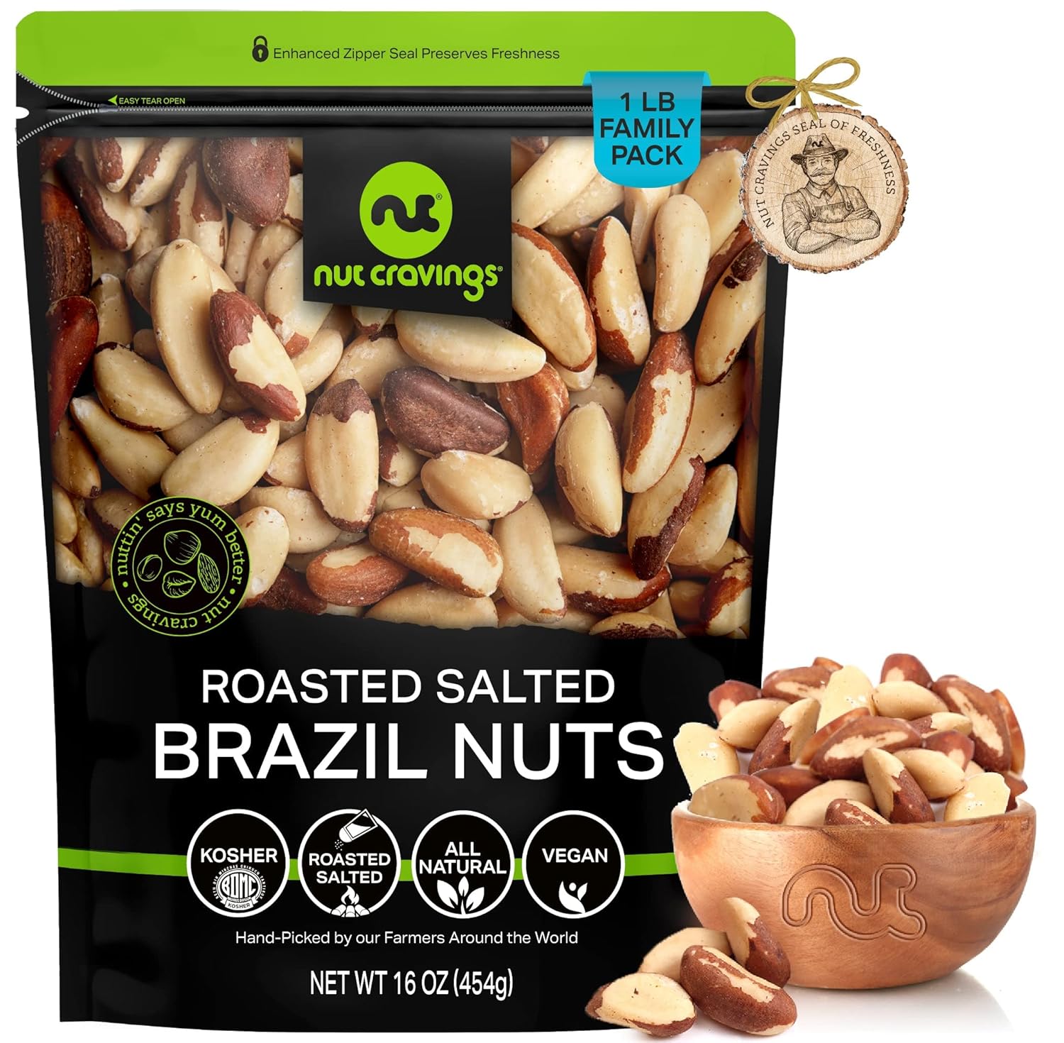 Nut Cravings - Brazil Nuts Roasted & Salted - No Shell, Whole (16Oz - 1 Lb) Bulk Nuts Packed Fresh In Resealable Bag - Healthy Protein Food Snack, All Natural, Keto Friendly, Vegan, Kosher