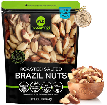 Nut Cravings - Brazil Nuts Roasted & Salted - No Shell, Whole (16Oz - 1 Lb) Bulk Nuts Packed Fresh In Resealable Bag - Healthy Protein Food Snack, All Natural, Keto Friendly, Vegan, Kosher