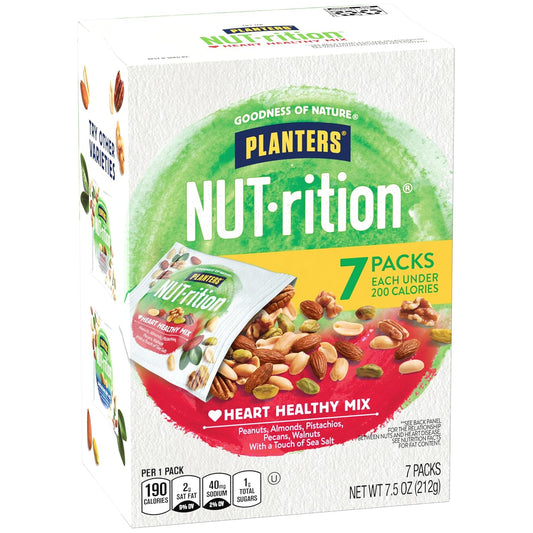 Planters Nut-Rition Heart Healthy Mix With Walnuts, 7.5 Oz Box (Contains 7 Individual Pouches) - On-The-Go/ Work/School Snack And Active Lifestyle Snack - Great Camping Snacks - Kosher