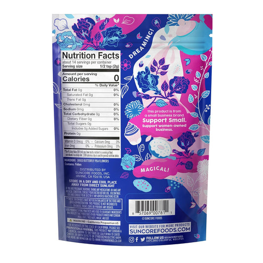 Suncore Foods Dried Butterfly Pea Flowers Bloom, Caffeine-Free Tea, Gluten-Free, Non-GMO, 1oz (1 Pack)
