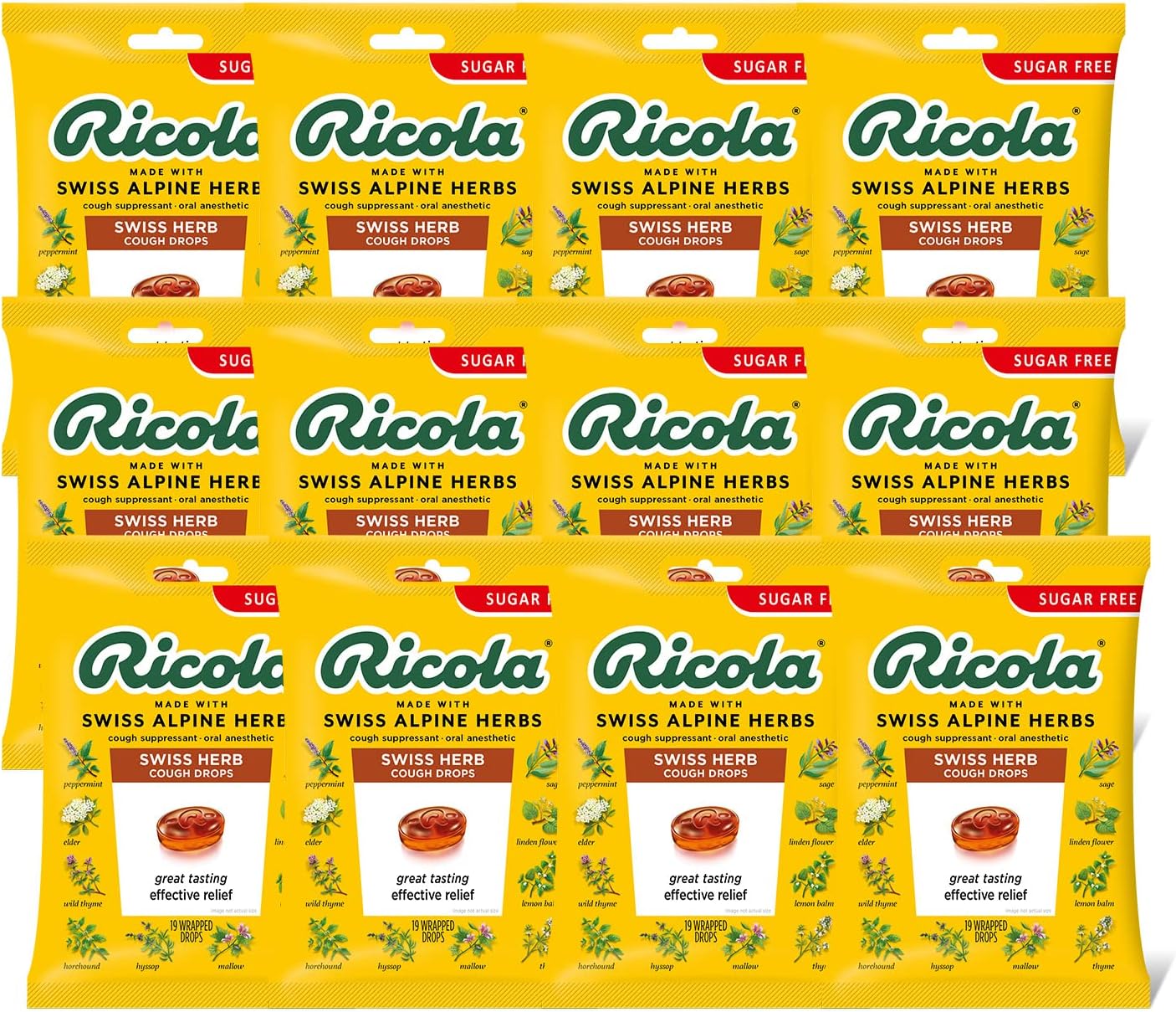 Ricola Sugar Free Swiss Herb Herbal Cough Suppressant Throat Drops, 19ct Bag (Pack of 12)