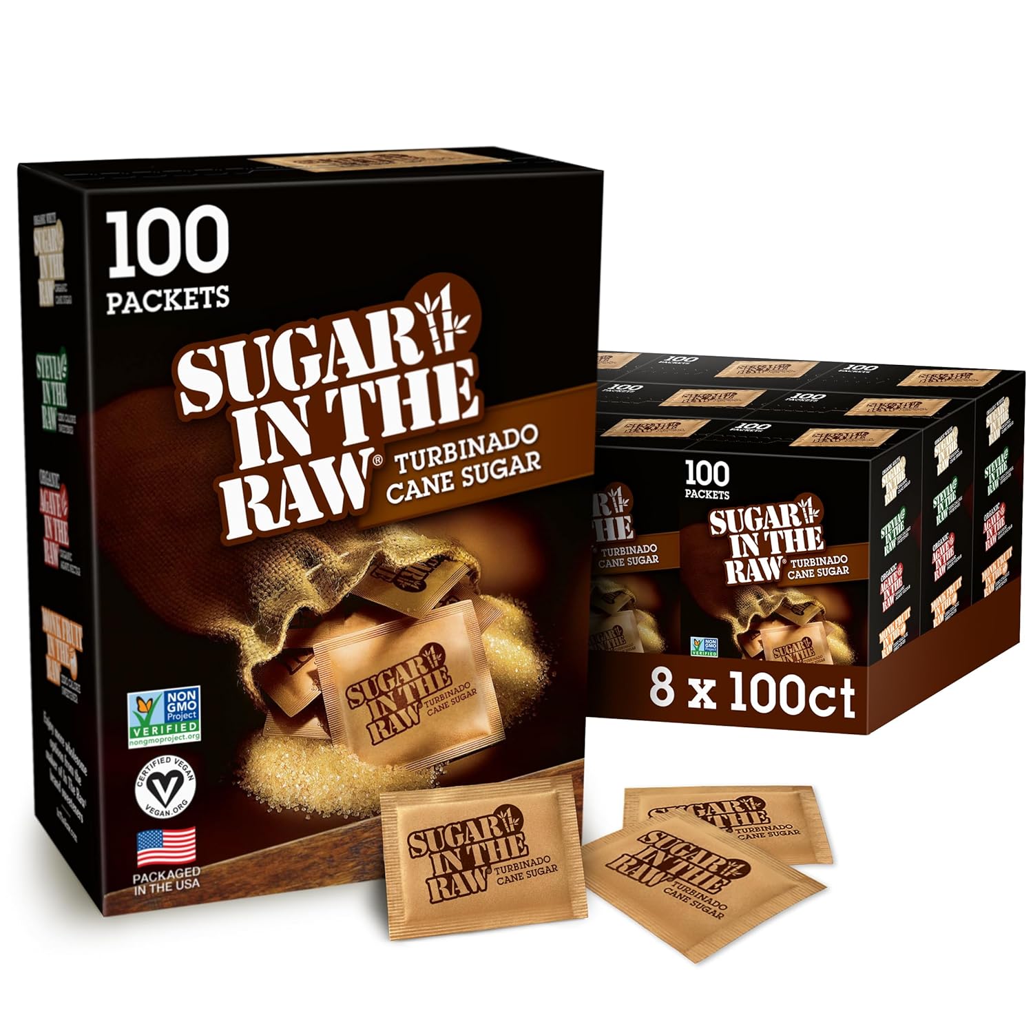 Sugar In The Raw Turbinado Cane Sugar Packets, 100 Ct Box, 8 Pack, Pure, All-Natural Turbinado Sugar, Non-Gmo Project Verified, Kosher, Vegan And Gluten Free