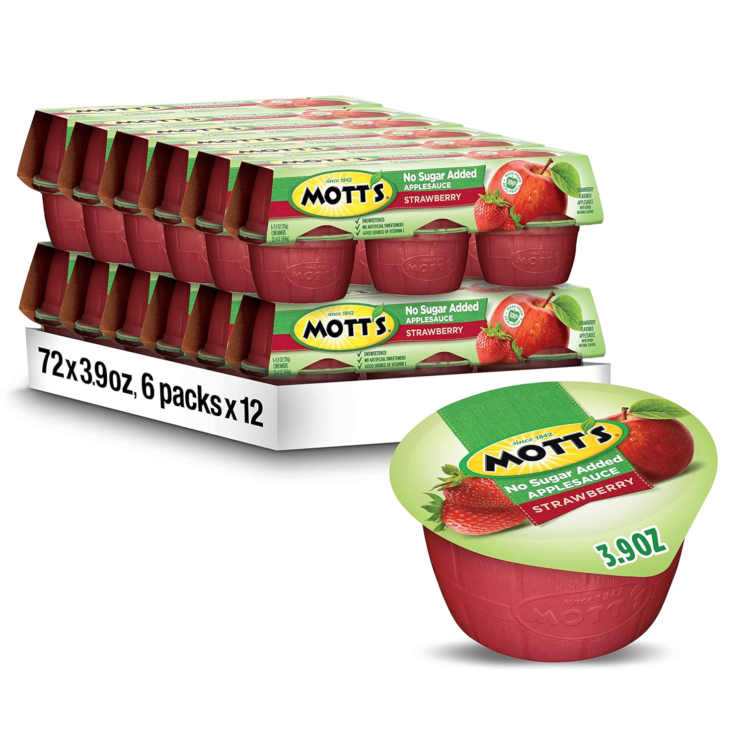 Mott'S No Sugar Added Strawberry Applesauce, 3.9 Oz Cups, 72 Count (12 Packs Of 6), Good Source Of Vitamin C, No Artificial Flavors