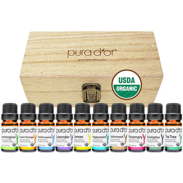 Pura D'Or Organic Perfect10 Essential Oils Set - 10X 10Ml Wood Box Aromatherapy Gift Set - 100% Pure Therapeutic Grade For Relaxation And Wellness (Lavender, Peppermint, Eucalyptus, Tea Tree And More)