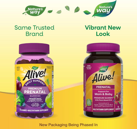 Natures Way Alive! Prenatal Premium Gummy Multivitamin, High Potency Folate, Plant-Based Dha, Vegetarian, Strawberry And Lemon Flavored, 75 Gummies (Packaging May Vary)