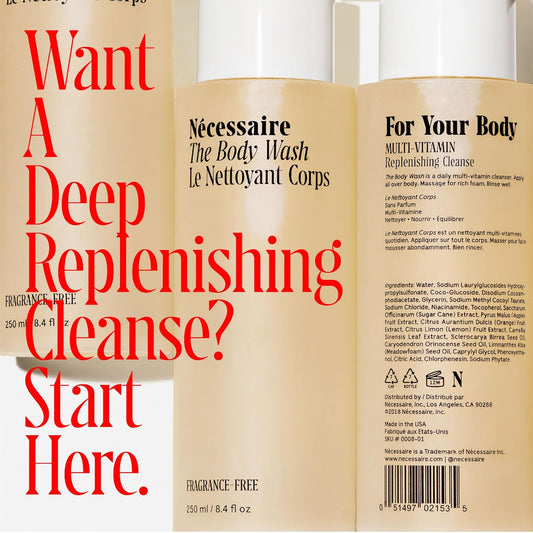 Nécessaire The Body Wash Fragrance-Free - Replenishing Oil-In-Gel Cleanse With Niacinamide, Vitamin C/E + Omega 6/9. Dermatologist-Tested. Non-Comedogenic. Allure Award Winner. 250 Ml / 8.4 Fl Oz