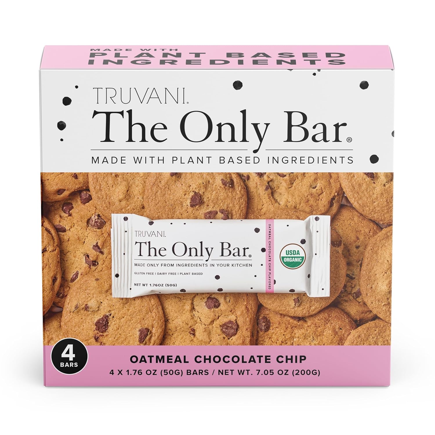 Truvani Plant Based Snack Bars | 6G Protein | 4 Pack Oatmeal Chocolate Chip | Organic | Vegan | The Only Bar | Dairy, Soy, And Gluten Free | Individually Wrapped