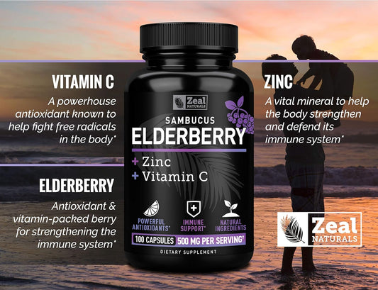 Zeal Naturals Max Strength Elderberry Capsules + Zinc + Vitamin C | 500Mg For Immune System Support With Black Sambucus Elderberry | 100 Count | 3-In-1 Immune Support For Adults