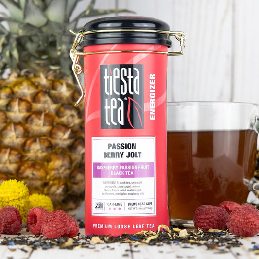 Tiesta Tea - Passion Berry Jolt, Raspberry Passion Fruit Black Tea, Premium Loose Leaf Tea Blends, Caffeinated Black Tea, Make Hot Or Iced Tea & Brews Up To 50 Cups - 4 Ounce Refillable Tin