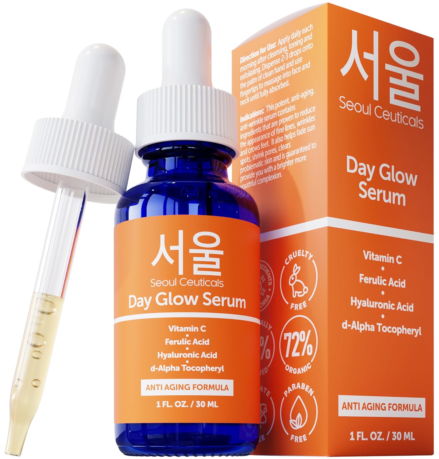 Seoulceuticals Korean Skin Care 20% Vitamin C Hyaluronic Acid Serum + Ce Ferulic Acid - Potent Anti Aging, Anti Wrinkle Korean Beauty 1Oz