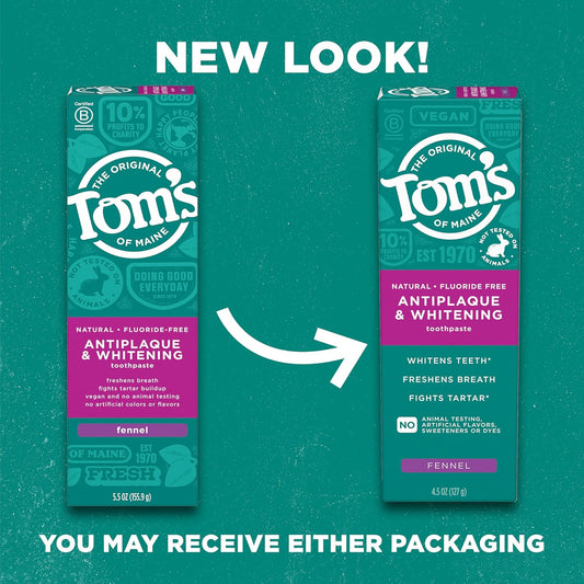 Tom’s of Maine Antiplaque and Whitening Toothpaste, Fluoride Free, Fennel, 3 Pack, 4.5 Oz