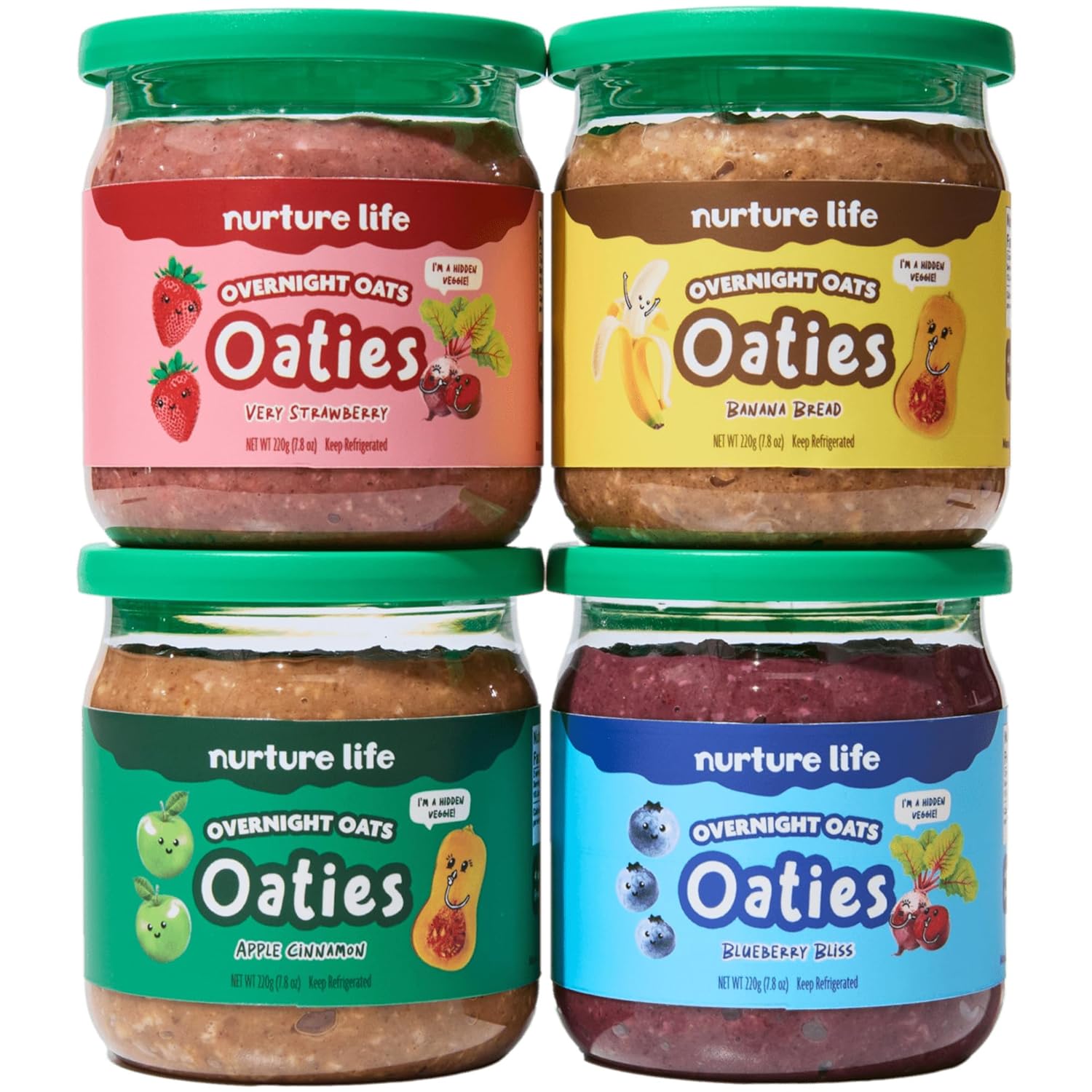 Nurture Life Overnight Oats, Variety Pack, Healthy Snacks For Kids, Nutritious Breakfast For Children W/Real Fruit & Hidden Veggies, No Added Sugar, Ready To Eat Meals For Toddlers & Kids, 4 Pack