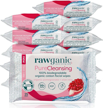 RAWGANIC Pure Cleansing Anti-aging Facial Wipes with Pomegranate and Aloe Vera | Gentle Hydrating Biodegradable Makeup Removal Wipes | Organic Cotton Face Wipes | 12 Packs (300 wipes in total)