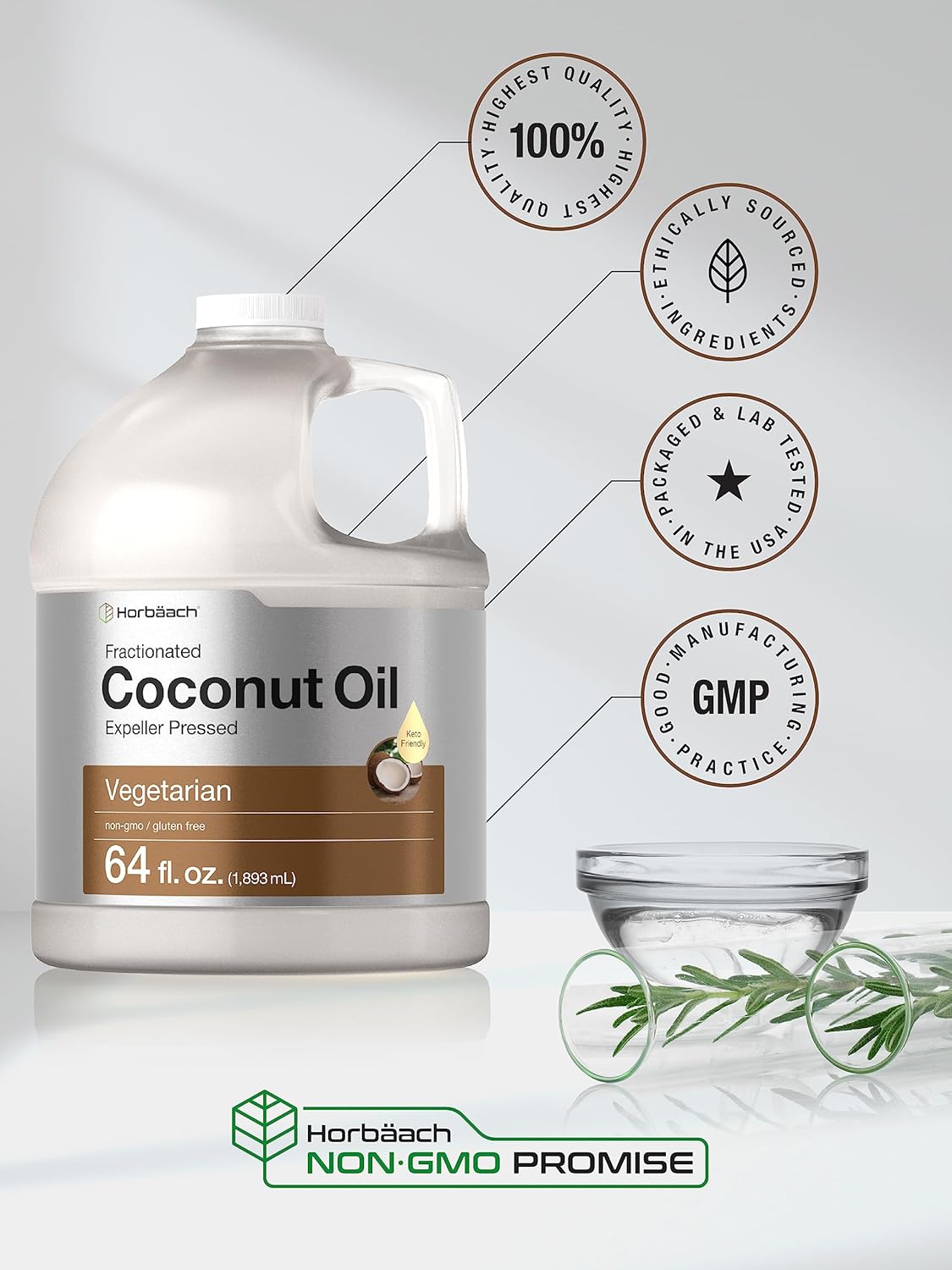 Horbäach Liquid Coconut Oil For Cooking | 64 Oz | Fractionated & Unflavored | Keto Friendly | Vegetarian, Non-Gmo & Gluten Free