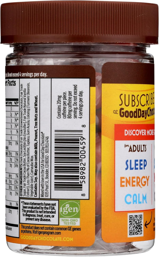 Good Day Chocolate Energy Supplements For Adults [50 Count] Fair Trade Caffeine Chocolate With B-Vitamins, Green Tea Extracts And 20 Mg Caffeine Per Piece - Energy Booster For Women And Men
