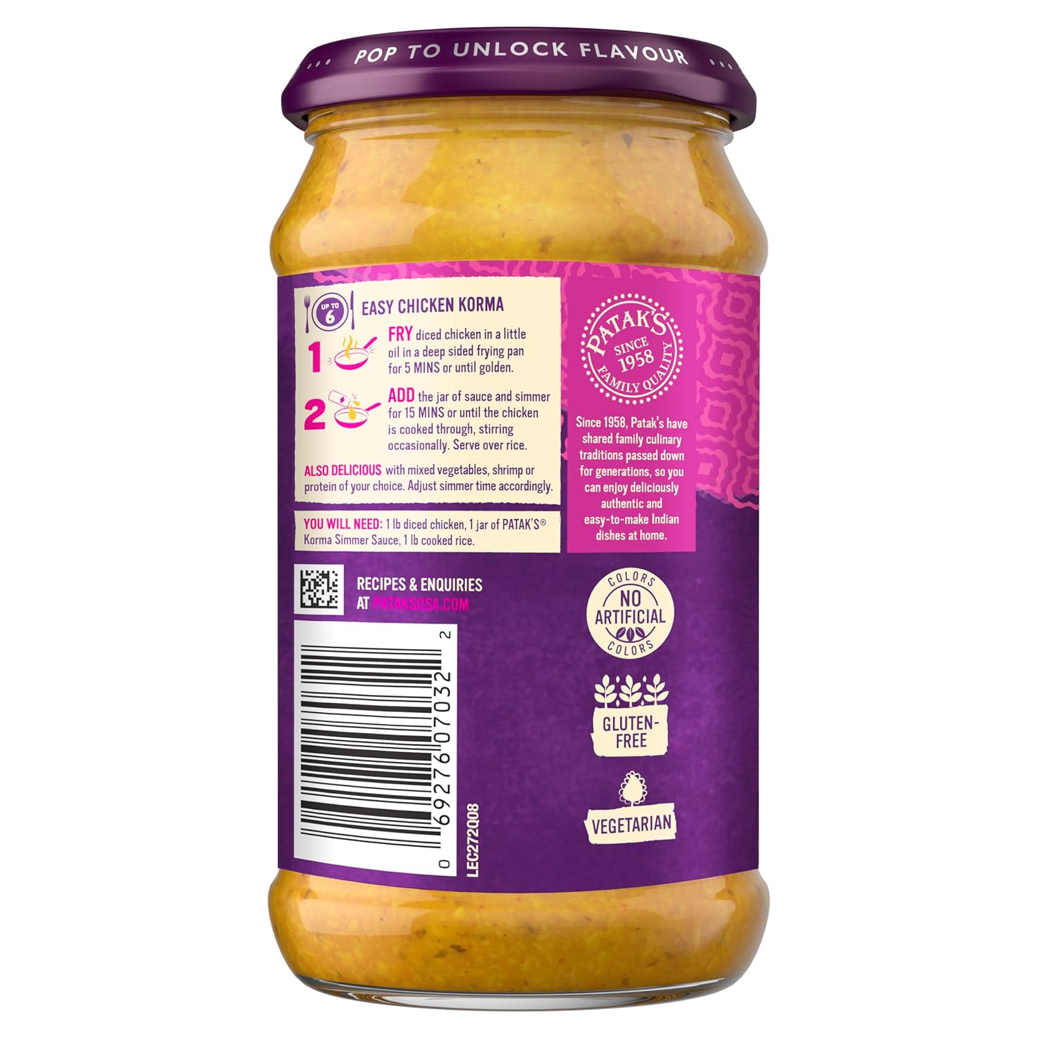 Patak'S Korma Sauce, 15 Oz, Yellow