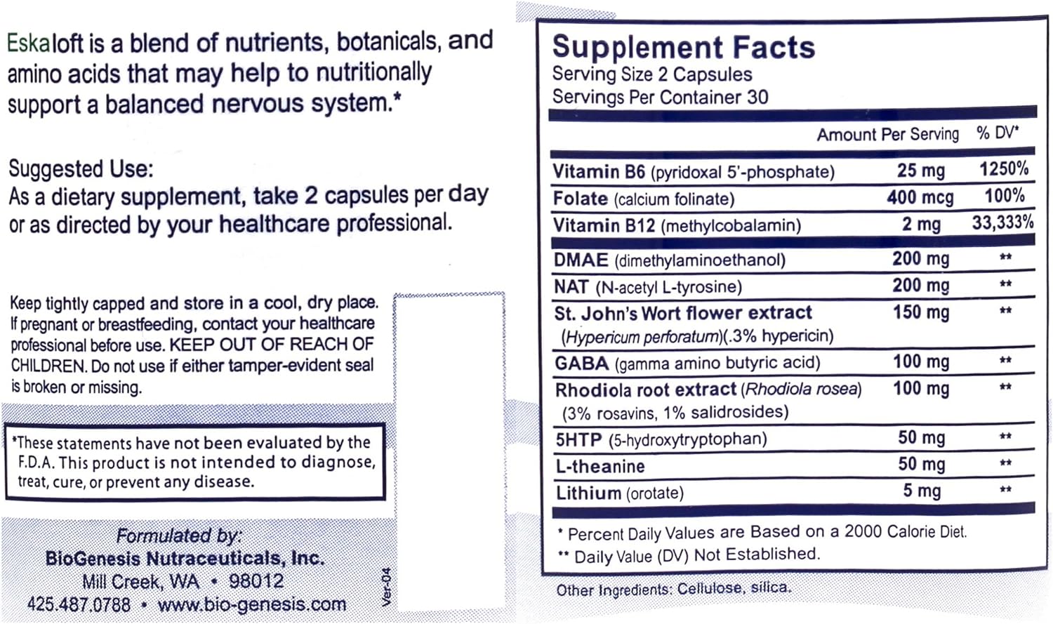 Nutra BioGenesis Eskaloft - B Vitamins - 120 Capsules -, Rhodiola and St. John's Wort to Help Support Mental Health & Stress Response - Gluten Free