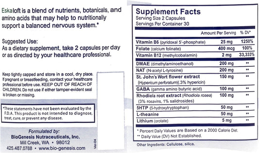 Nutra BioGenesis Eskaloft - B Vitamins - 120 Capsules -, Rhodiola and St. John's Wort to Help Support Mental Health & Stress Response - Gluten Free