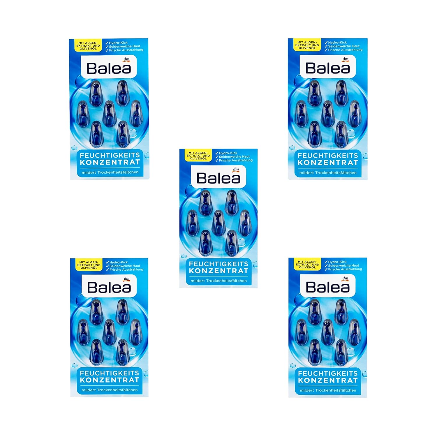 5 Packs X 7 Pcs I 35 Applications I Balea Moisturizing Concentrate - Hydrating Oil Facial Capsules With Seaweed Extract, Vitamin E And Olive Oil, Germany