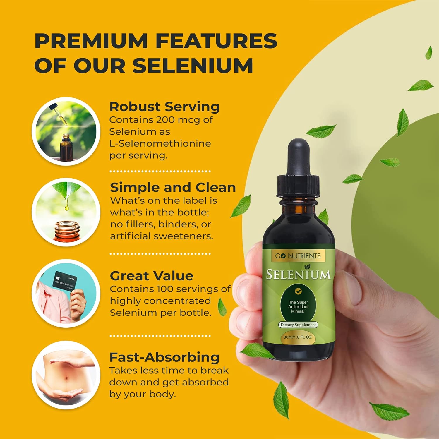 Go Nutrients Selenium 200 mcg Supplement, Yeast-Free Liquid Drops, Sel