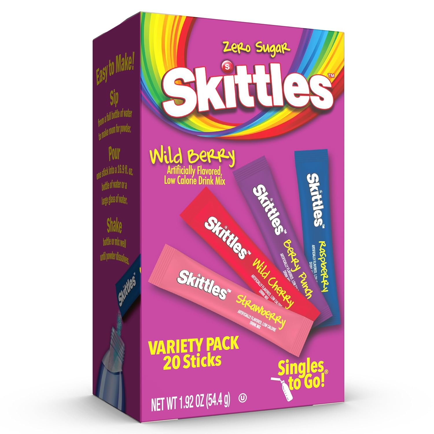 Skittles Singles To Go Variety Pack, Watertok Powdered Drink Mix, Zero Sugar, Low Calorie, Includes 4 Flavors, 1 Box (20 Single Servings) (Wild Berry)