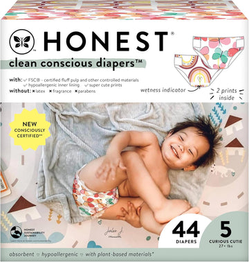 The Honest Company Clean Conscious Diapers | Plant-Based, Sustainable | Wingin' It + Catching Rainbows | Club Box, Size 5 (27+ Lbs), 44 Count