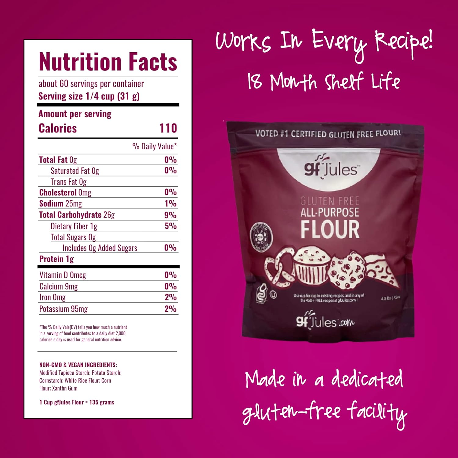 gfJules Certified Gluten Free All Purpose Flour | No Grit | Great Cup for Cup Baking Alternative to Regular Flour, Voted #1 by Gluten Free & Celiac Consumers, 4.5LB Pouch : Grocery & Gourmet Food