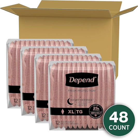 Depend Night Defense Adult Incontinence & Postpartum Bladder Leak Underwear For Women, Disposable, Overnight, Extra-Large, Blush, 48 Count (4 Packs Of 12), Packaging May Vary