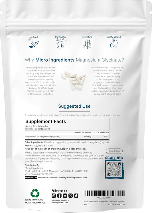 Micro Ingredients Magnesium Glycinate 500Mg Per Serving, 240 Capsules | Potent Elemental Form, 100% Chelated, High Absorption | Healthy Muscle, Bones, & Mood Support Supplement | Non-Gmo