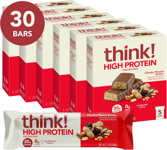 Think! Protein Bars, High Protein Snacks, Gluten Free, Kosher Friendly, Chunky Peanut Butter, Nutrition Bars, 2.1 Oz Per Bar, 30 Count (Packaging May Vary)