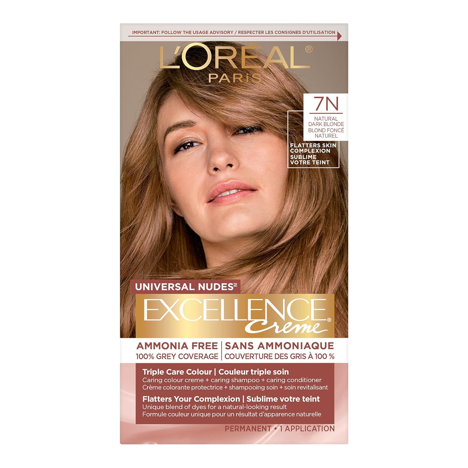 L’Oréal Paris Excellence Universal Nudes Permanent Hair Color, Ammonia Free Hair Dye For Gray Hair Coverage, 7N Natural Dark Blonde, 1 Hair Dye Kit