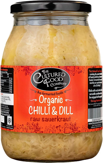 The Cultured Food Company Chilli & Dill Sauerkraut 1Kg Jar - Organic Sauerkraut, Raw & Unpasteurised - Probiotic - Gut Healthy - Traditionally Fermented - No Preservatives - Vegan